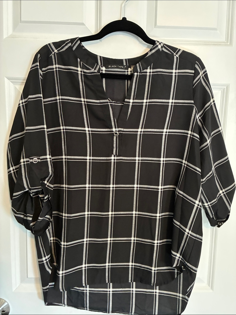 Black Tape_ Black and White Windowpane Roll-Tab Tunic